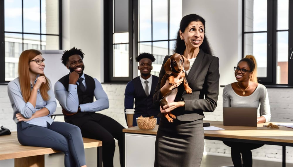 Arbeitgeber führt neuen Bürohund dem Team vor.