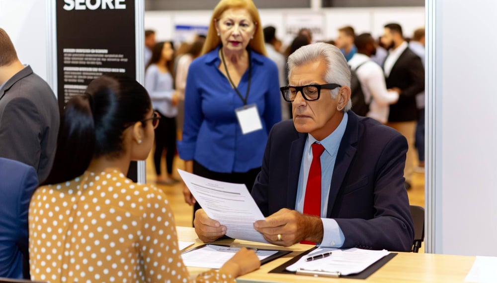 Arbeitgeber scannt Bewerberlebensläufe auf einer Jobmesse