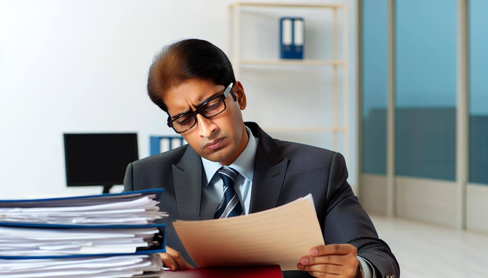 Büroangestellter prüft rechtliche Dokumente zur Evaluierung