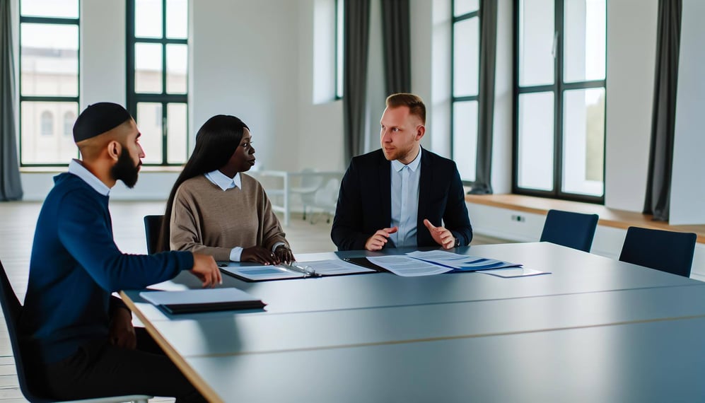 Betriebsvereinbarung und Vorgesetzte sowie Mitarbeiterin diskutieren Wiedereingliederungsplan 3 personen