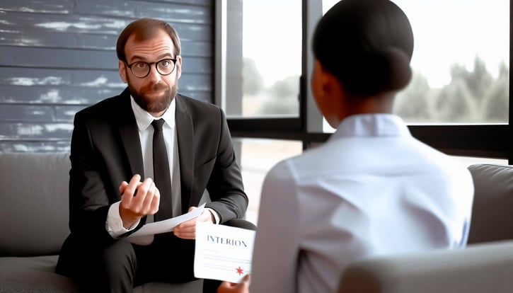 Bewerbungsgespräch fuehren: Bild eines Arbeitgebers, der eine wichtige Frage während eines Bewerbungsgesprächs stellt, um mehr über die Joberfahrung und Bewerbung des Kandidaten zu erfahren