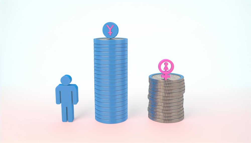 Diagramm zur Analyse des Gender Pay Gaps auf Basis der Arbeitsrolle und Position im Unternehmen. Das Diagramm zeigt Lohnvergleiche zwischen männlichen und weiblichen Angestellten in äquivalenten Positionen, von Einsteigerrollen bis zu leitenden Funktionen, mit spezifischen Gehaltsangaben und prozentualen Abweichungen.