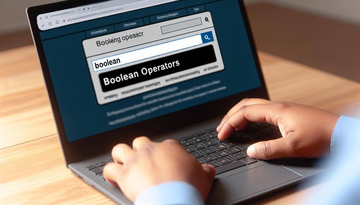 Booleschen Operatoren: Eine Nahaufnahme eines Laptopbildschirms, der eine Boolesche Suche in einer Online-Jobbörse zeigt, während ein Mitarbeiter nach passenden Stellenanzeigen sucht.