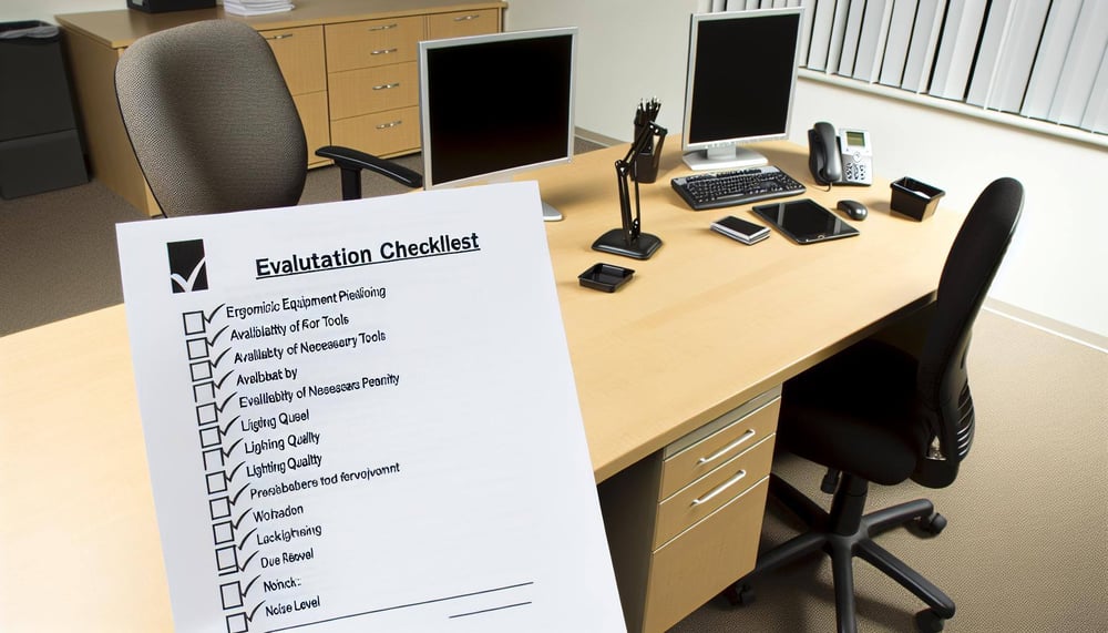 Checkliste für die Evaluierung von Arbeitsplätzen auf einem Schreibtisch in der Office