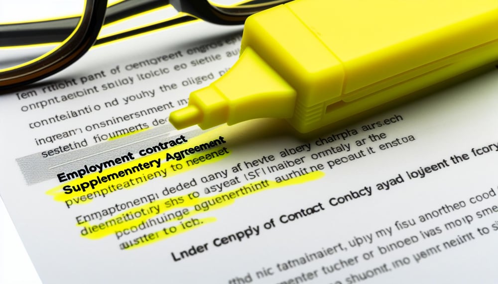 Detailansicht eines Arbeitsvertrags mit angehefteter Zusatzvereinbarung, hervorgehoben durch einen gelben Markierstift