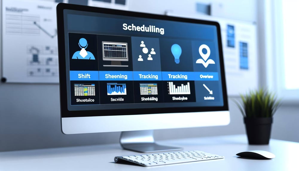 Dienst Ein Vergleich der verschiedene DienstplanSoftware auf einem Computerbildschirm, der Funktionen wie Schichtplanung, Zeiterfassung und Dienstplan