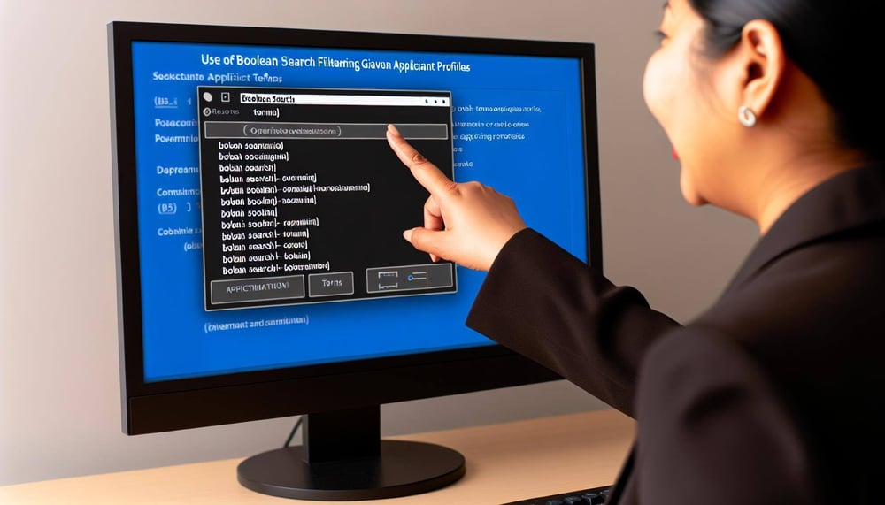 Ein Arbeitgeber zeigt auf einen Monitor, der zeigt, wie Boolesche Suche in der Personalabteilung zur Filterung von Bewerberprofilen verwendet wird
