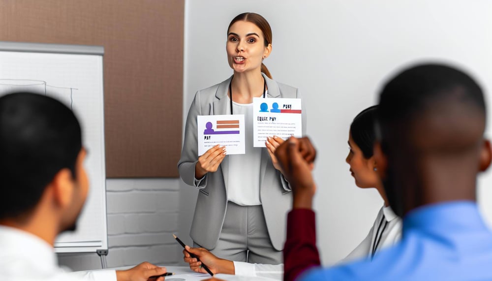 Ein Bild zeigt eine Mitarbeiterin, die während einer Teamsitzung spricht, um auf den Gender Pay Gap aufmerksam zu machen-1