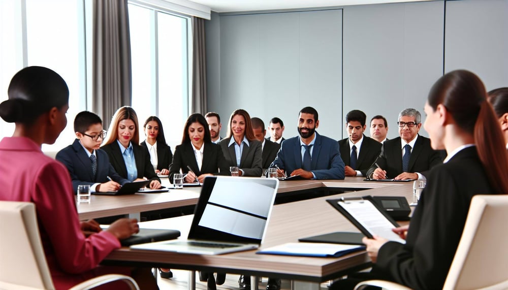 Ein Konferenzraum mit mehreren Fachleuten in Anzügen, die um einen großen Tisch sitzen und über die Einrichtung und Umsetzung eines ComplianceManageme