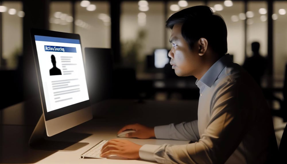 Ein Recruiter verwendet die Active Sourcing Suchmethode am Computer, um gezielt einen passendes Kandidat in einer OnlineDatenbank zu finden