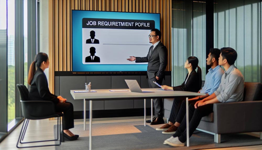 Ein Unternehmensleiter präsentiert das Anforderungsprofil auf einem großen Bildschirm während einer Teamsitzung im modernen Büro