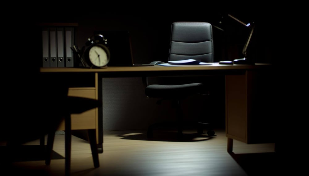 Ein düster beleuchtetes Büro mit einem leeren Stuhl an einem Schreibtisch, symbolisiert die Isolation eines Mitarbeiters, der von Quiet Firing betroff