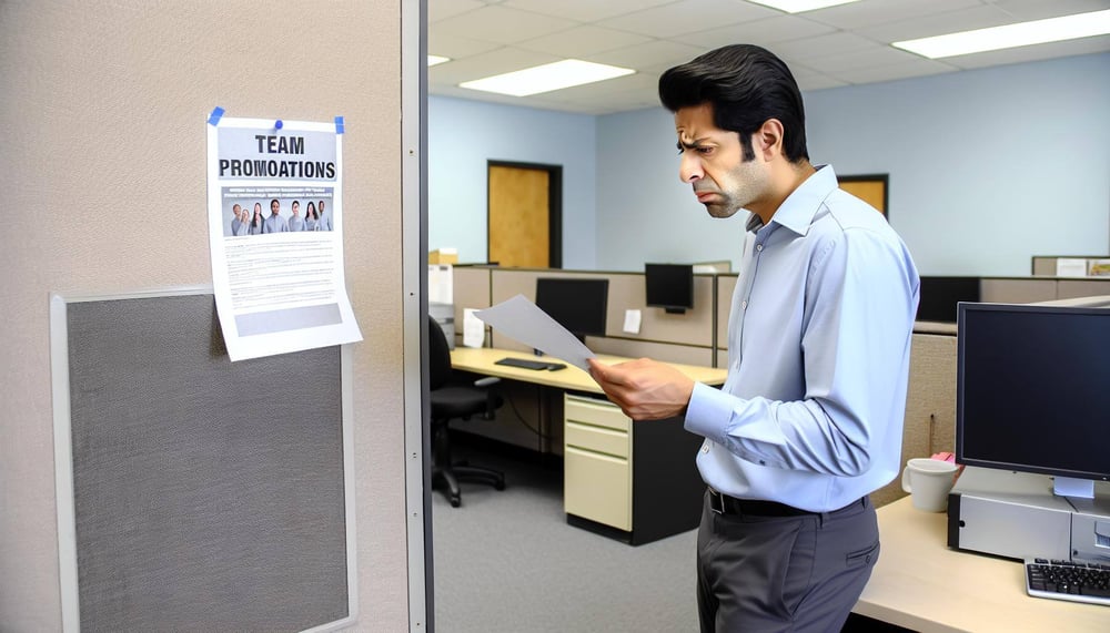 Ein sichtlich aufgebrachter Mitarbeiter liest eine Mitteilung am Schwarzen Brett im Büro über Teamförderungen, wobei sein Name nicht aufgeführt ist, w-1