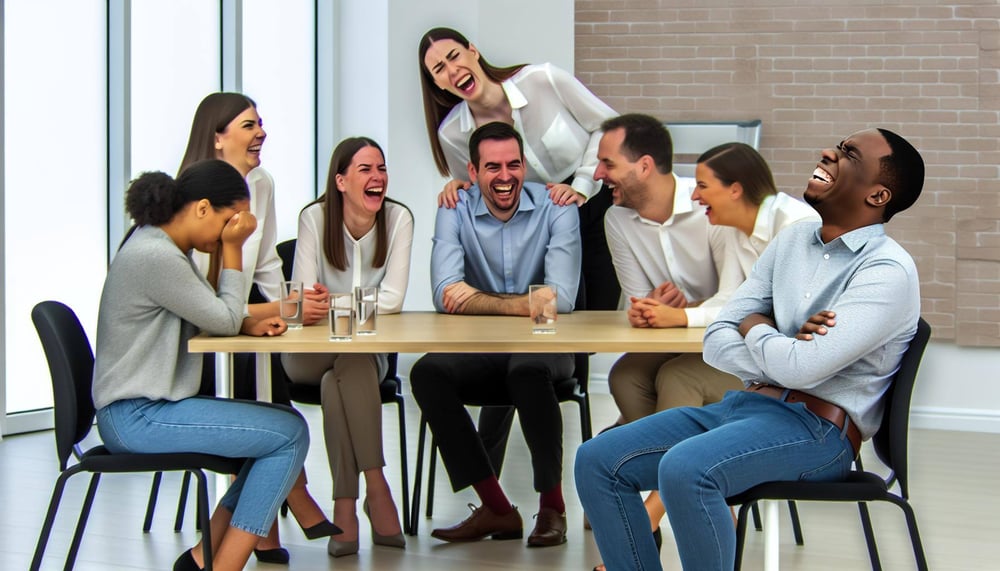Eine Gruppe von Kollegen lacht und diskutiert in einem Besprechungsraum, während sie einen sichtlich verärgerten Mann ignorieren, der abseits sitzt, w