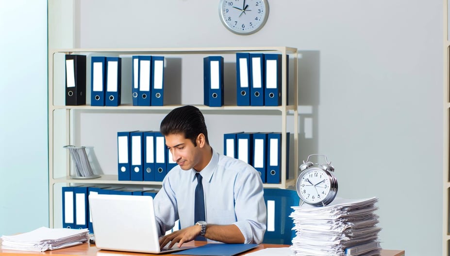 Foto eines Mitarbeiters, der sein elektronisches Zeiterfassungssystem am Arbeitsplatz nutzt – effiziente Zeitverwaltung im Büro.