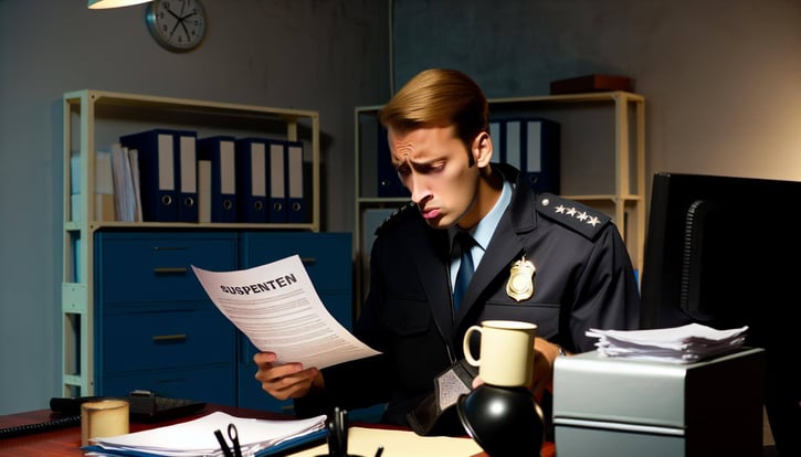 Arbeitsverhältnisses: Foto eines besorgten Beamten, der eine Suspendierungsmitteilung liest.