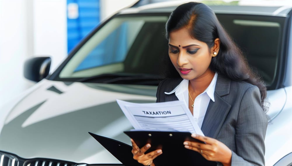 Geschäftsfrau überprüft Unterlagen zur Versteuerung ihres Firmenwagens