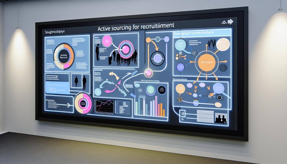 Graphische Darstellung von Active Sourcing Methoden zur Personalgewinnung auf einem interaktiven Display