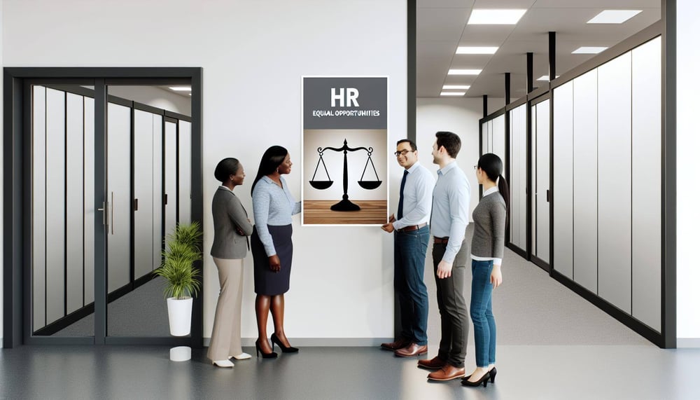 HRAbteilung stellt Poster zur Chancengleichheit im Bürokorridor auf