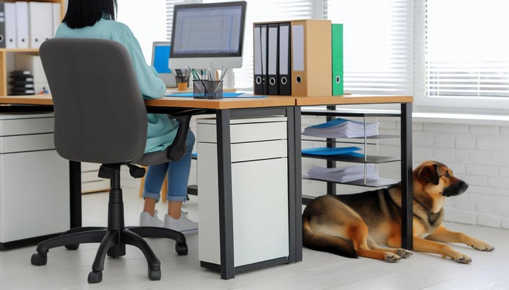 Hund im Büro: Hund ruht im Büro neben dem Schreibtisch des Mitarbeiters.