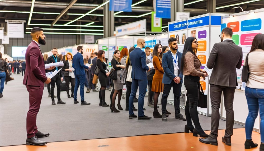 Karrieremessen und Job Mitarbeiter präsentieren Karrierechancen auf der Jobmesse