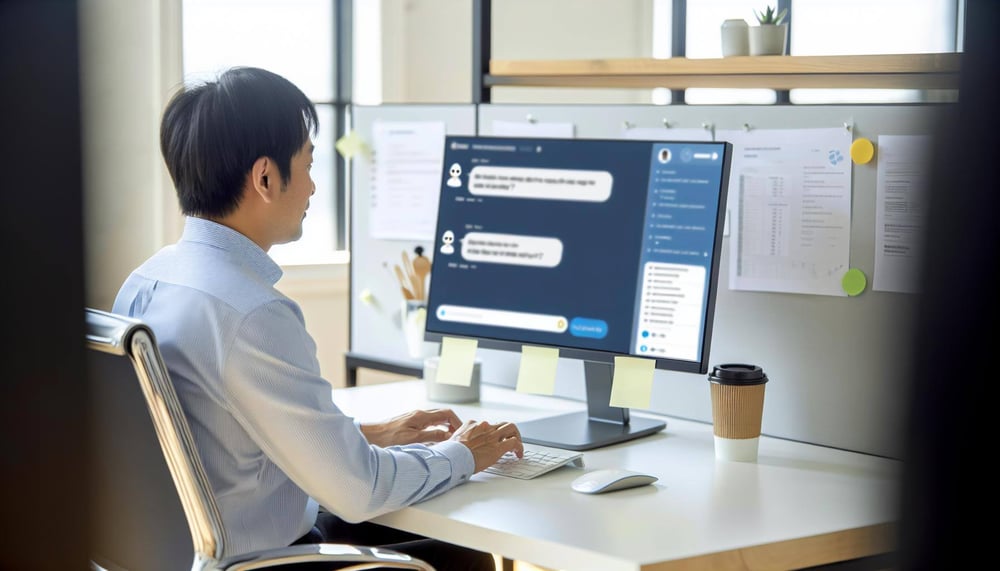 Mitarbeiter interagiert mit einem HRChatbot an seinem Computer