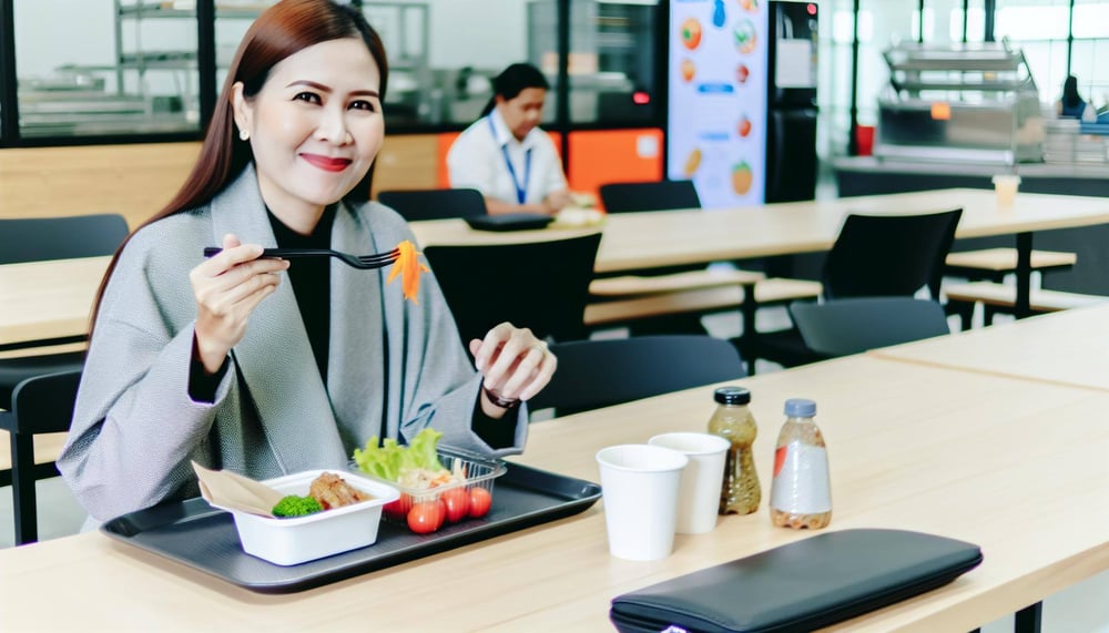 Mitarbeiterin genießt eine gesunde Mahlzeit in der Unternehmenskantine, ein Beispiel für betriebliche Gesundheitsförderung zur Steigerung der Arbeitsz