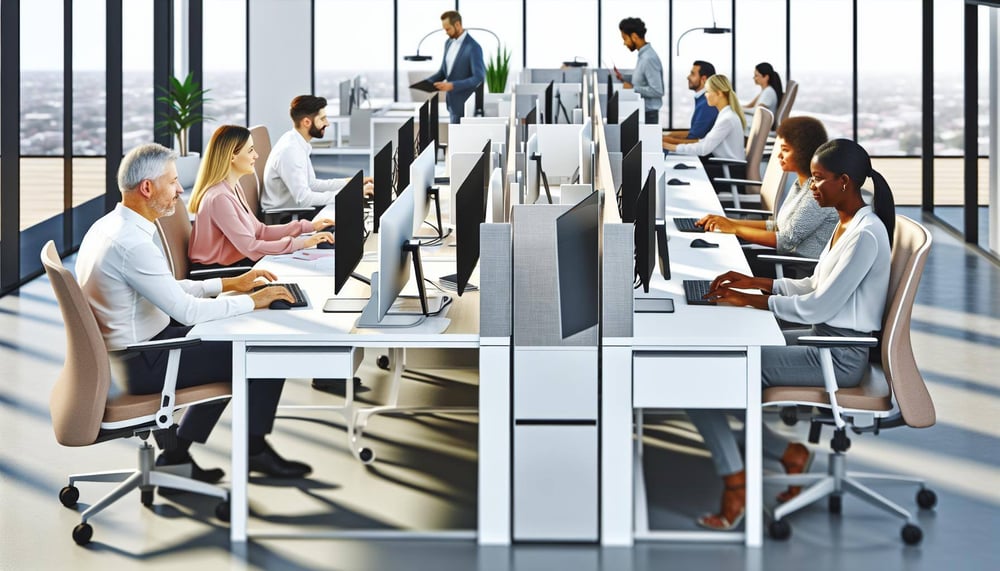 Moderne Büroumgebung mit Mitarbeitern bei der Arbeit, betont durch helle, ergonomisch gestaltete Arbeitsplätze und entspannte Atmosphäre, die die Arbe