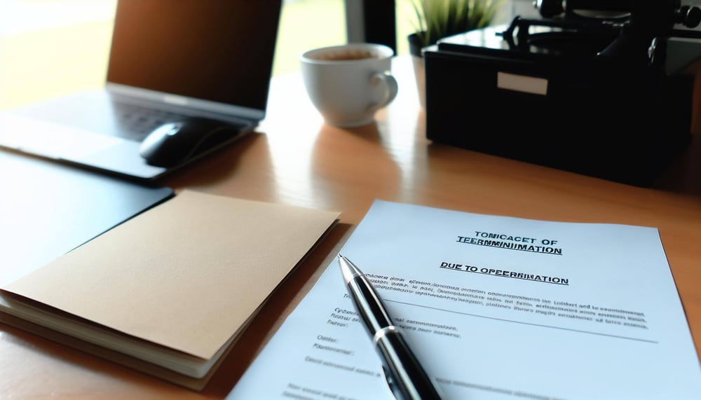 Nahaufnahme einer formalen Kündigungsmitteilung aus betrieblichen Gründen auf einem Bürotisch, mit einem Laptop und einer Kaffeetasse im Hintergrund,