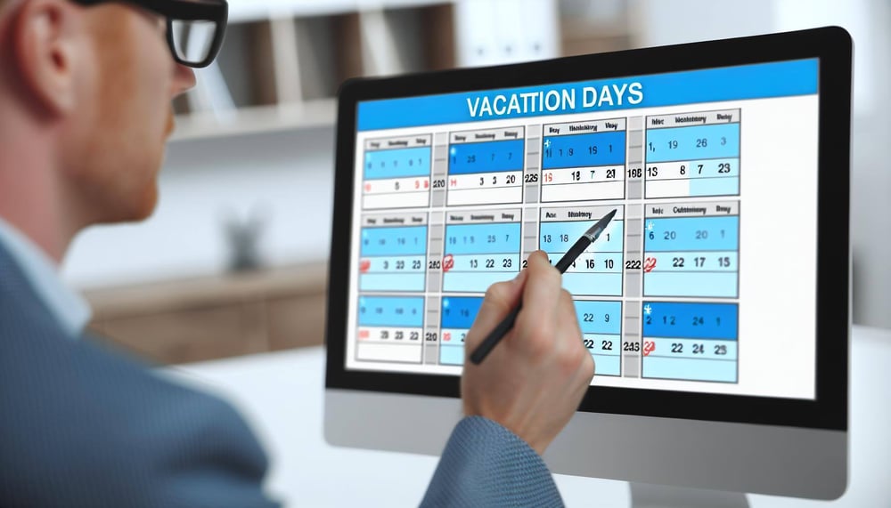 Personalverantwortlicher setzt Urlaubstage im digitalen Urlaubsplanungstool fest, unterstützt durch Analysen zur optimalen Personalverteilung.
