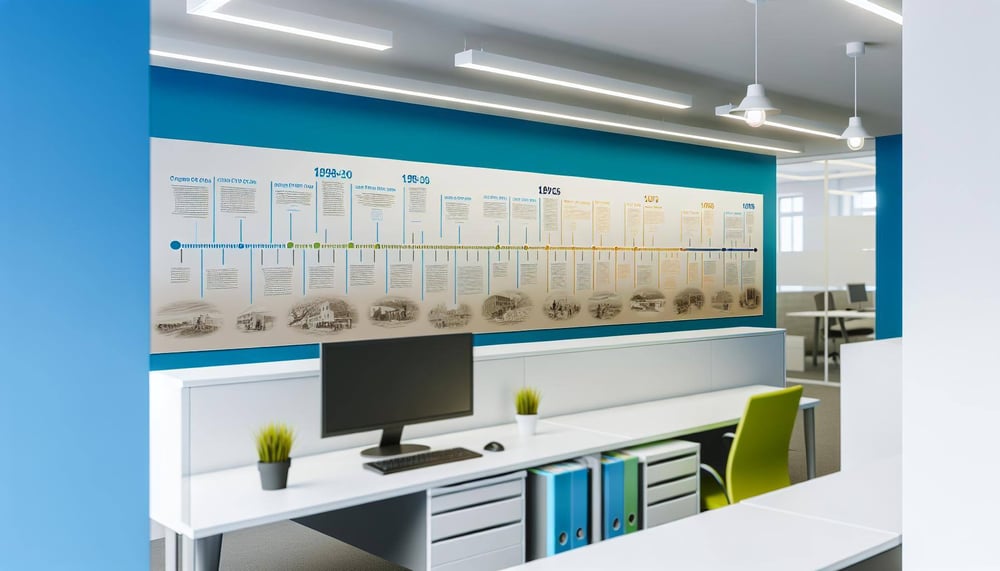 Tafel mit Zeitstrahl der Firmengeschichte im hellen Büro