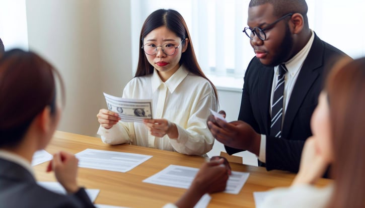 The Gender Gap of men and women: Foto eines Mitarbeitertreffens, bei dem eine Mitarbeiterin und ein Mitarbeiter ihre Gehaltszettel vergleichen. Die ernsten Gesichtsausdrücke reflektieren die Diskussion über den Gender Pay Gap innerhalb ihrer Abteilung, ohne spezifische Zahlen oder Diagramme zu zeigen.