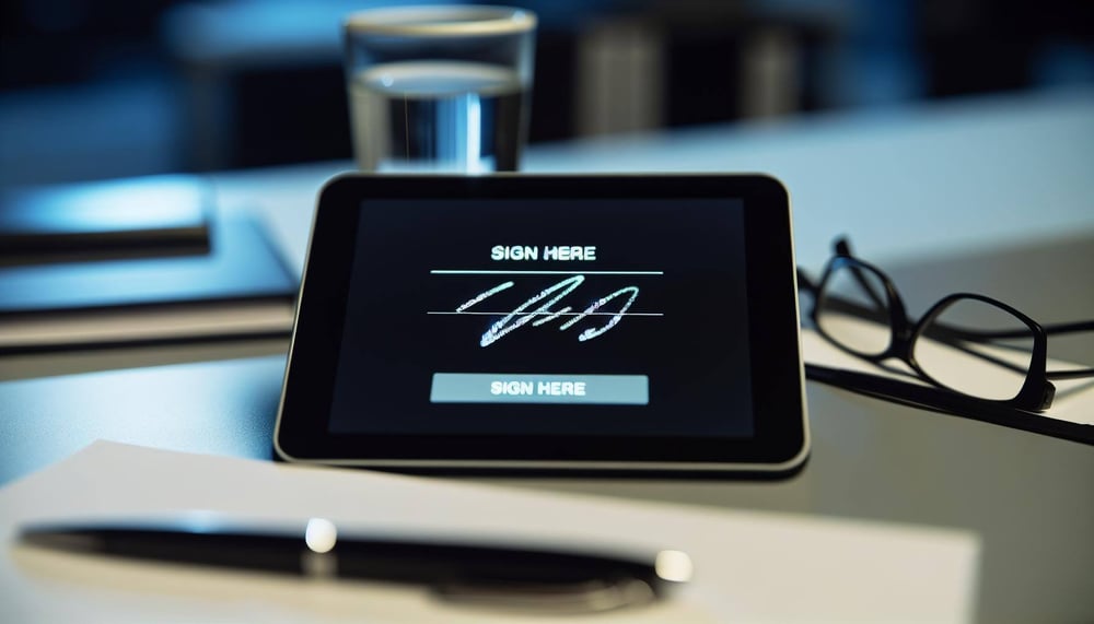 Vertrags Closeup eines digitalen Unterschriftpads für Arbeitsverträge im Büro