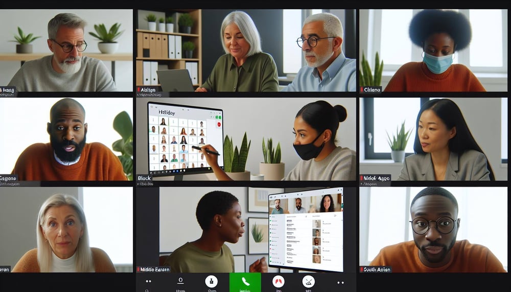 ZoomMeeting eines Teams, das die Urlaubsplanung mittels eines digitalen Tools diskutiert, sichtbar auf einem geteilten Bildschirm