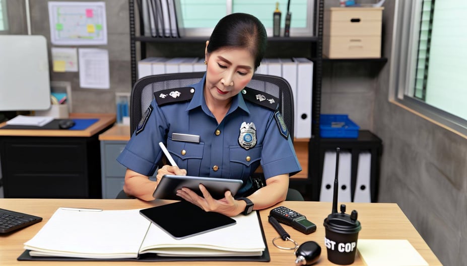 police officer working on work schedules on iPad