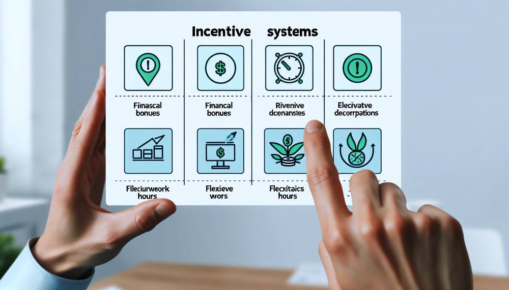 verschiedener Anreizsysteme in einem Büroumfeld, darunter finanzielle Boni und flexible Arbeitszeiten, visualisiert durch Symbole und kurze Textbeschr