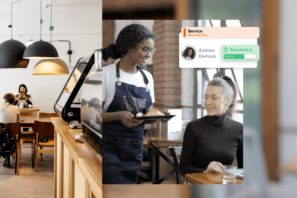African American employee serving customer at restaurant, Shiftbase software visual showing employee punched in