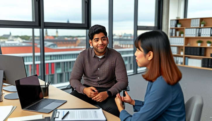 Probezeitgespräch zwischen Arbeitgeber und Mitarbeitendem im Büro