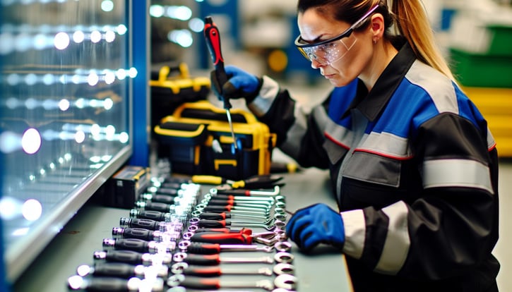 Mitarbeiter im Bereitschaftsdienst bei einem Einsatz, ausgestattet mit Einsatzkleidung und Werkzeugen, arbeitet an einer technischen Reparatur vor Ort.